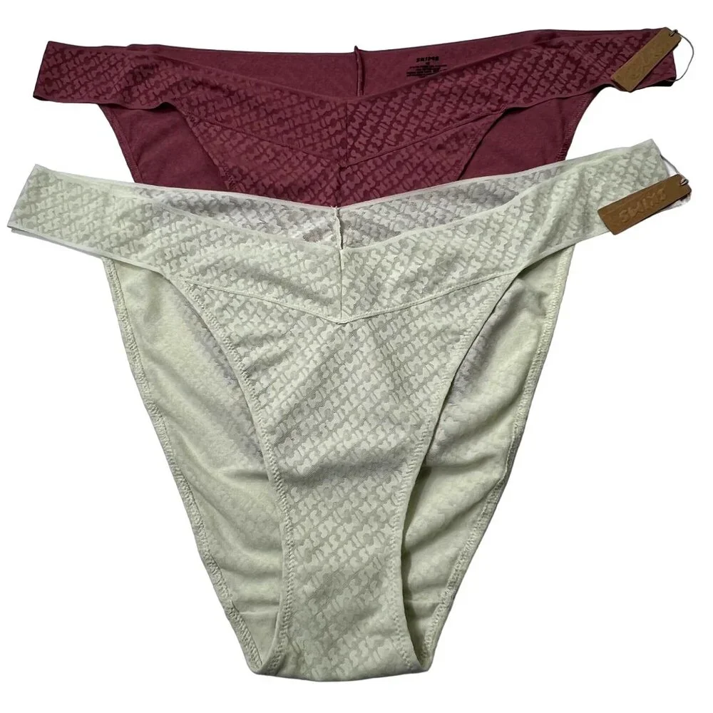 SKIMS Logo Mesh Cheeky Brief Lot of 2‎ Bone Berry 4X